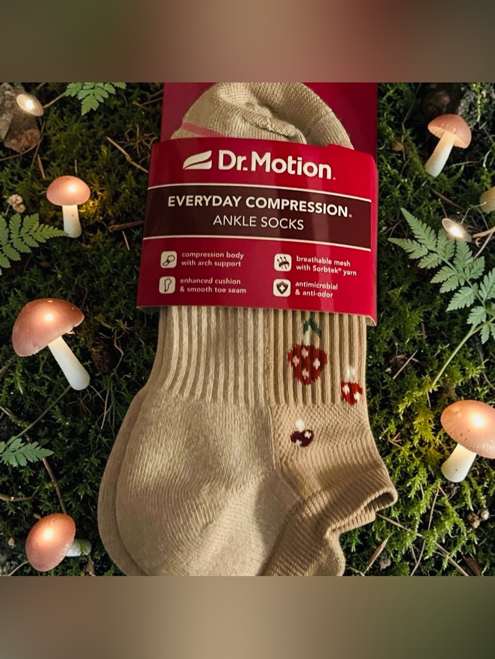 Dr Motion Everyday Compression Ankle Socks - Mushrooms 🍄, 2-Pair Pack, NWT